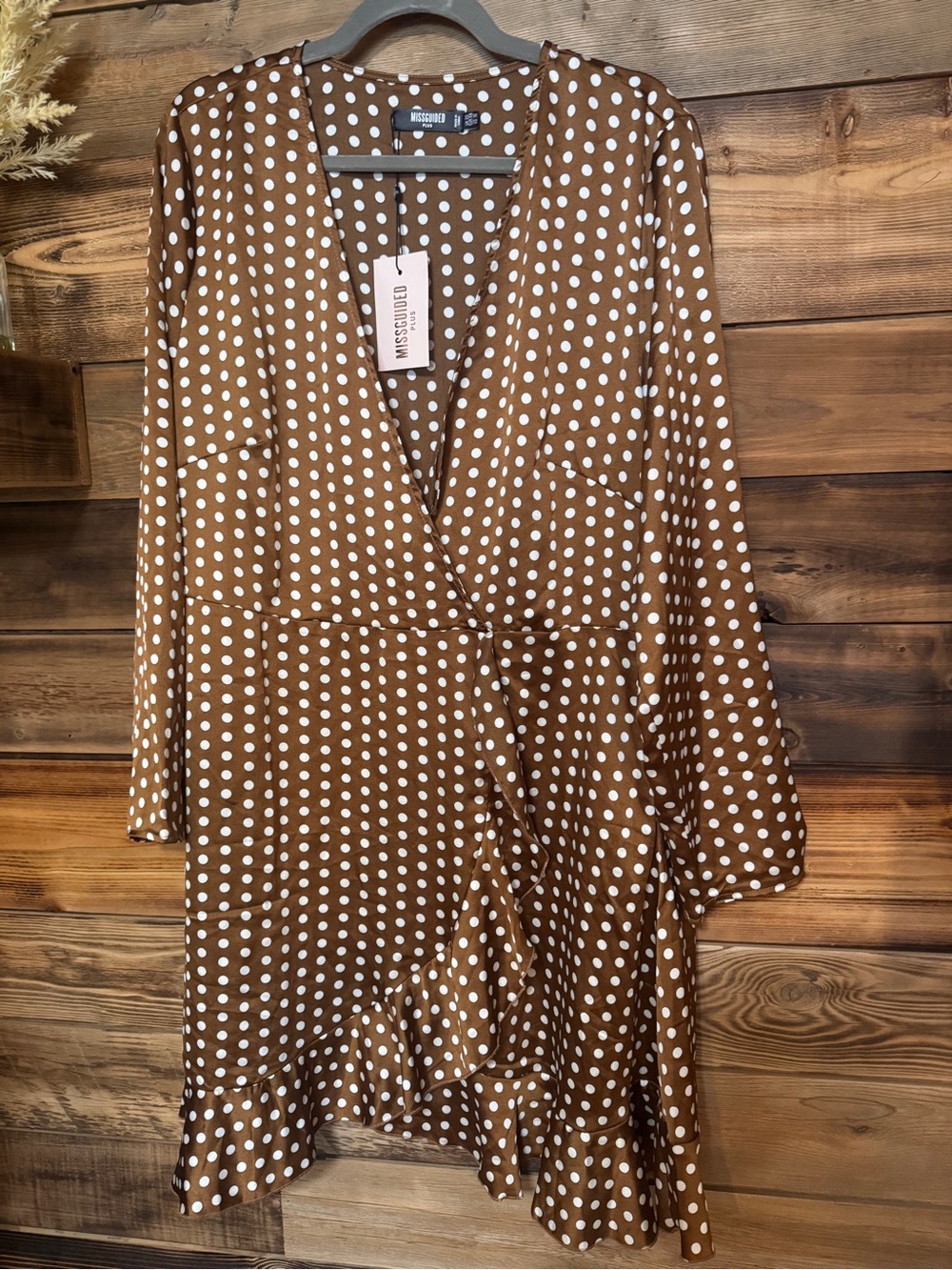 Missguided NWT Brown Polka Dot Dress with Ruffle | Size 16 Fall Dress